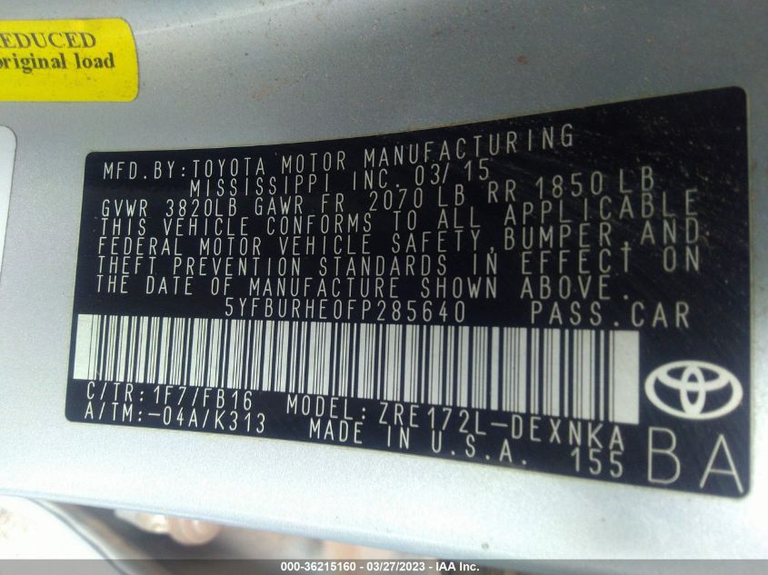 2015 TOYOTA COROLLA L/LE/S/S PLUS/LE PLUS - 5YFBURHE0FP285640