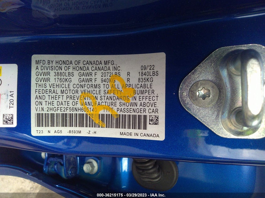 VIN 2HGFE2F56NH605140 2022 HONDA CIVIC SEDAN SPORT