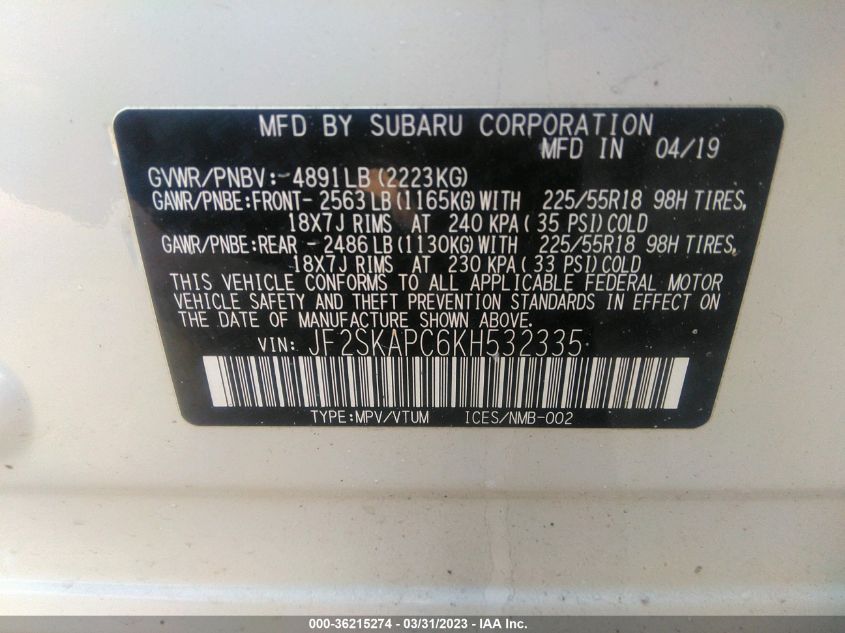 2019 SUBARU FORESTER SPORT - JF2SKAPC6KH532335