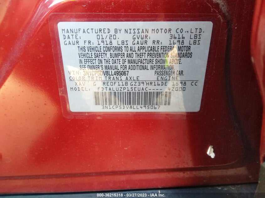 VIN 3N1CP5DV8LL495067 2020 NISSAN KICKS SR