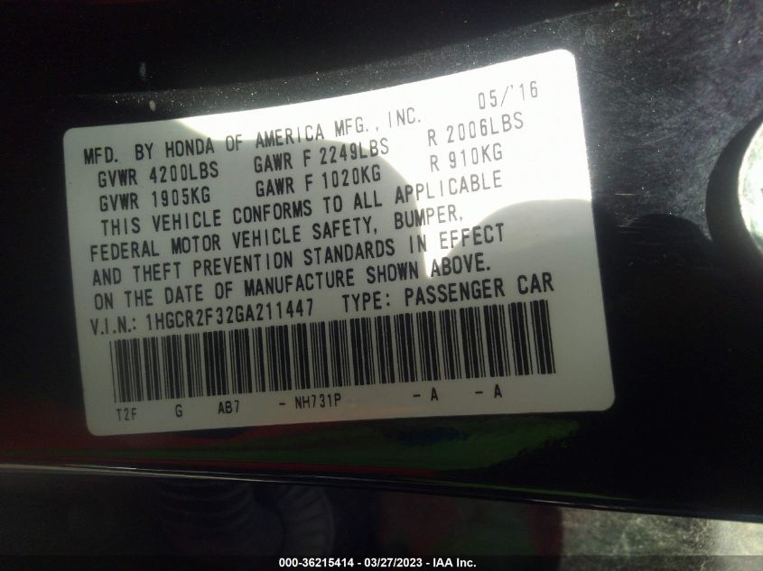 2016 HONDA ACCORD SEDAN LX - 1HGCR2F32GA211447