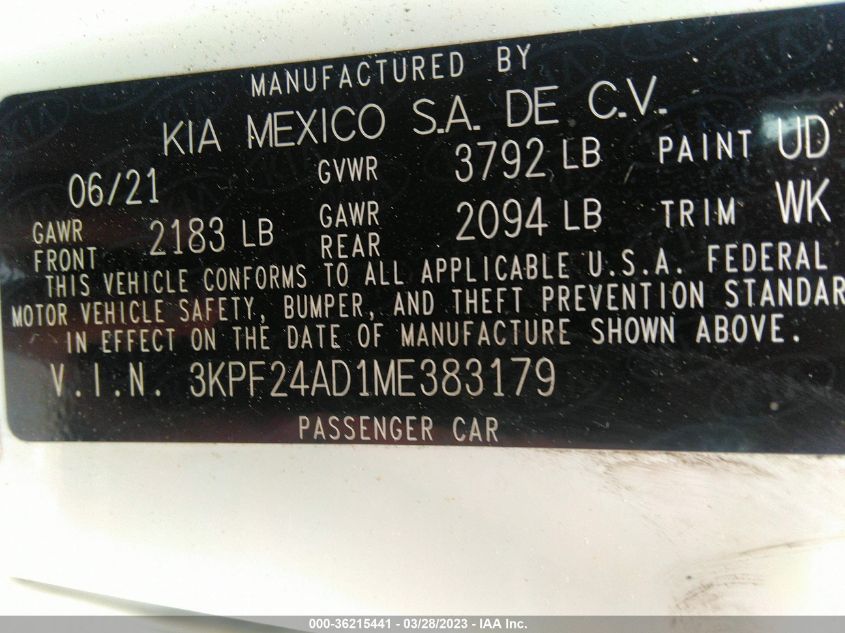 2021 KIA FORTE LXS - 3KPF24AD1ME383179