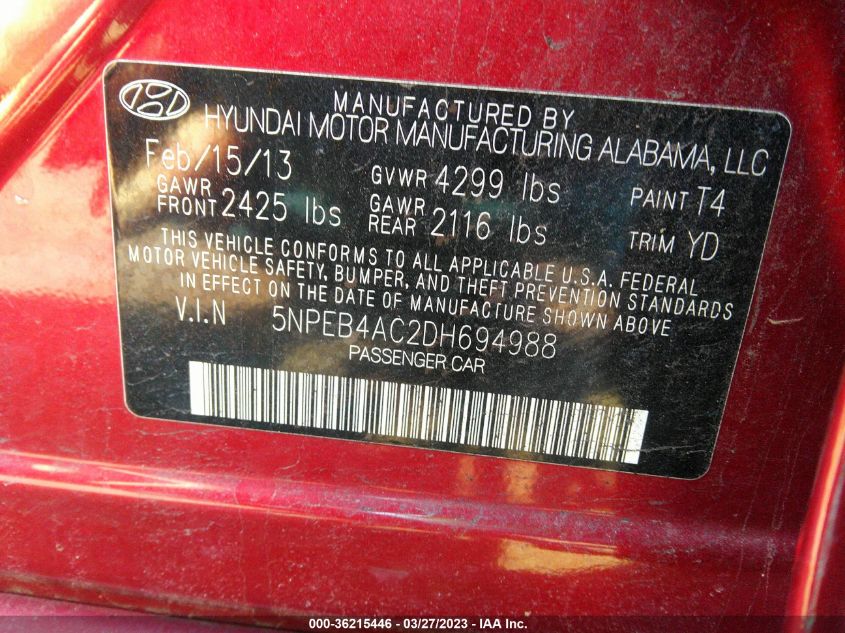 2013 HYUNDAI SONATA GLS PZEV - 5NPEB4AC2DH694988