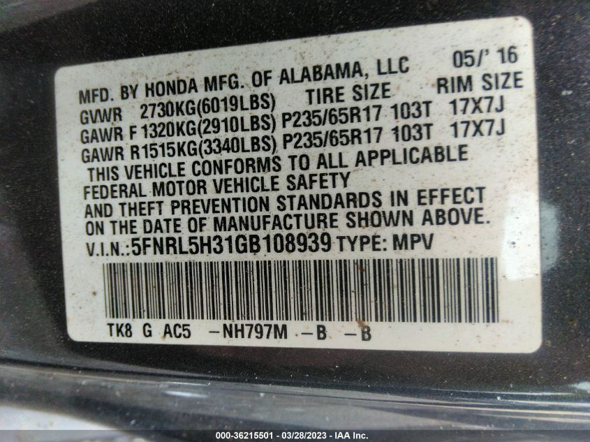 2016 HONDA ODYSSEY SE - 5FNRL5H31GB108939