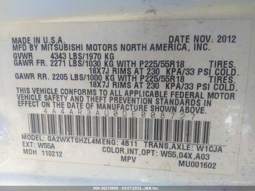 2013 MITSUBISHI OUTLANDER SPORT ES - 4A4AR3AU0DE008727