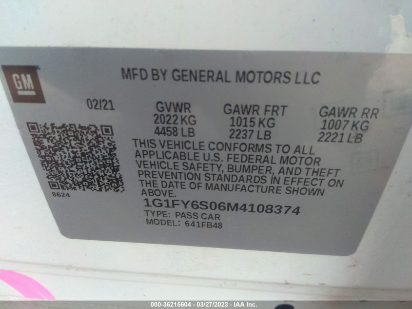 2021 CHEVROLET BOLT EV LT 1G1FY6S06M4108374