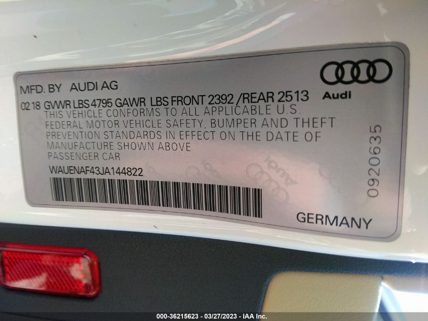 2018 AUDI A4 PREMIUM PLUS - WAUENAF43JA144822