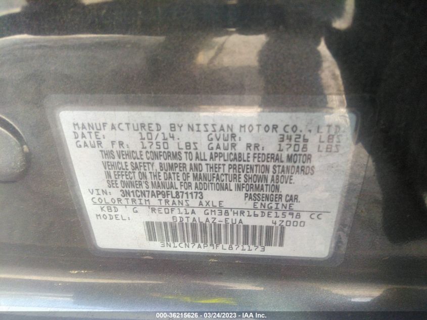 2015 NISSAN VERSA S PLUS - 3N1CN7AP9FL871173