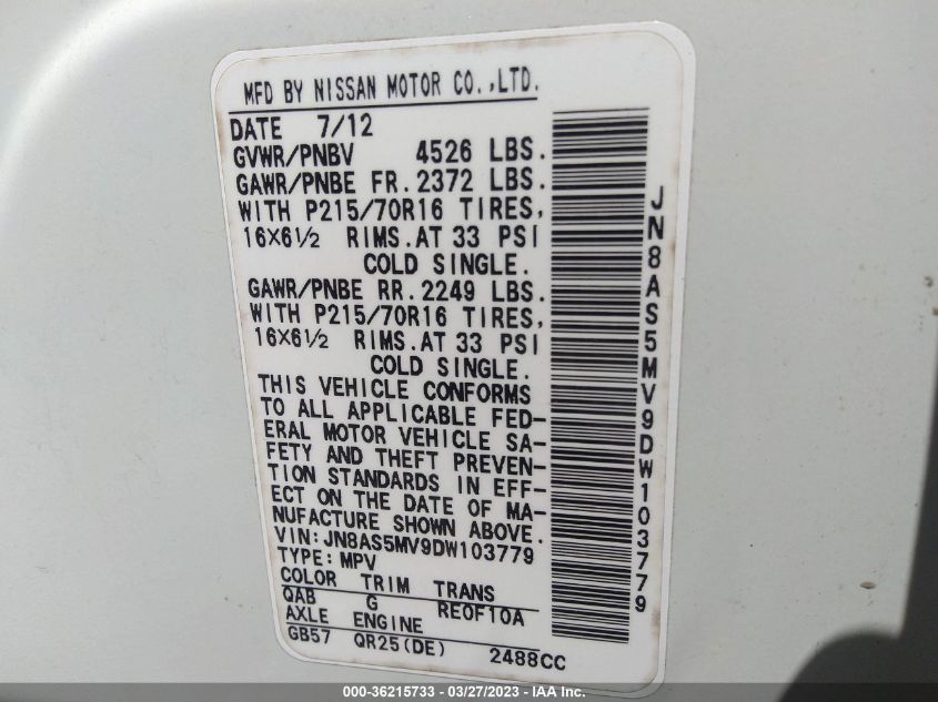 2013 NISSAN ROGUE S - JN8AS5MV9DW103779