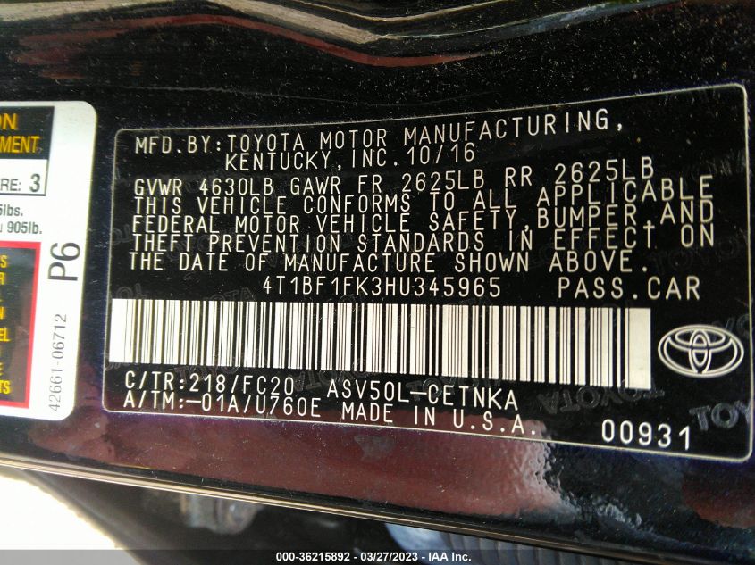 2017 TOYOTA CAMRY XLE/SE/LE/XSE - 4T1BF1FK3HU345965