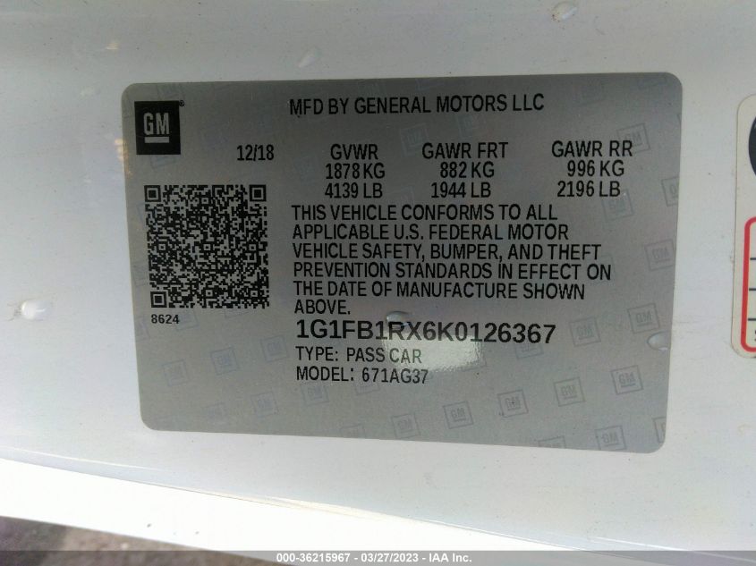 2019 CHEVROLET CAMARO 1LT - 1G1FB1RX6K0126367