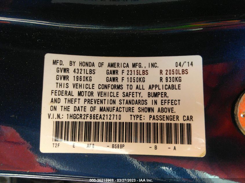 2014 HONDA ACCORD SEDAN EX-L - 1HGCR2F86EA212710