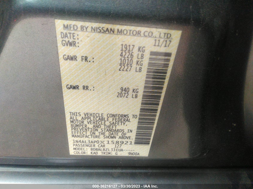 VIN 1N4AL3AP0JC158921 2018 NISSAN ALTIMA 2.5 SL
