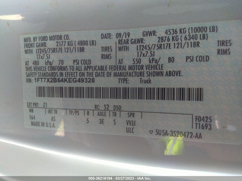 2019 FORD SUPER DUTY F-250 SRW XL/XLT/LARIAT - 1FT7X2B64KEG49328