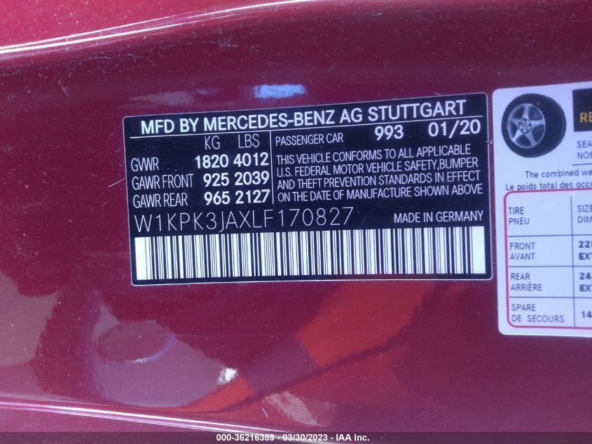 2020 MERCEDES-BENZ SLC SLC 300 W1KPK3JAXLF170827