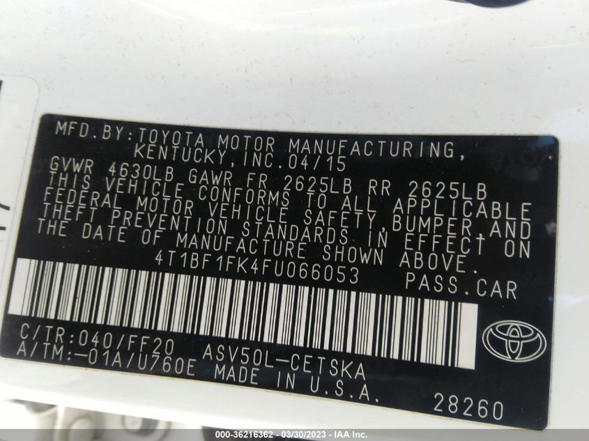 2015 TOYOTA CAMRY XLE/SE/LE/XSE - 4T1BF1FK4FU066053
