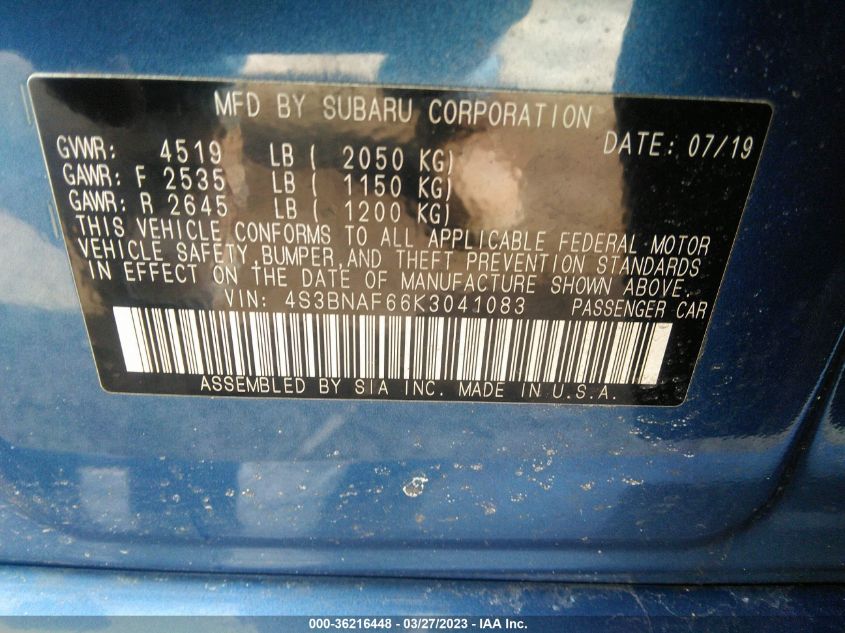 2019 SUBARU LEGACY PREMIUM - 4S3BNAF66K3041083