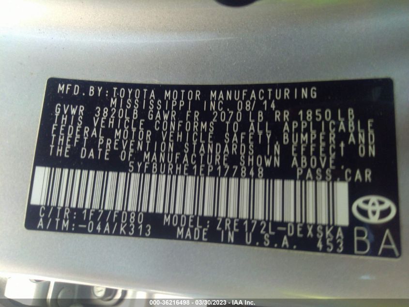 2014 TOYOTA COROLLA L/LE/S/S PLUS/LE PLUS - 5YFBURHE1EP177848