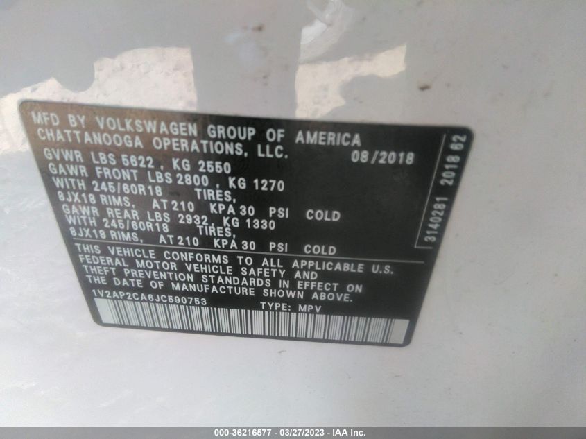 2018 VOLKSWAGEN ATLAS 2.0T S - 1V2AP2CA6JC590753
