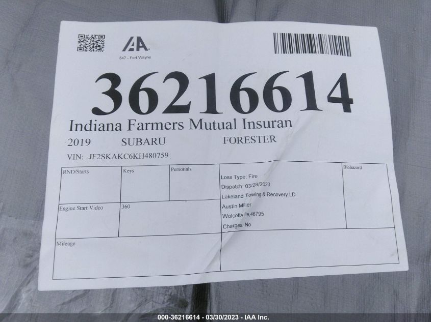 2019 SUBARU FORESTER SPORT - JF2SKAKC6KH480759