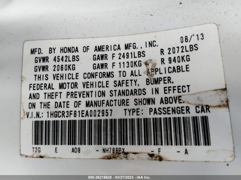 2014 HONDA ACCORD SEDAN EX-L - 1HGCR3F81EA002957