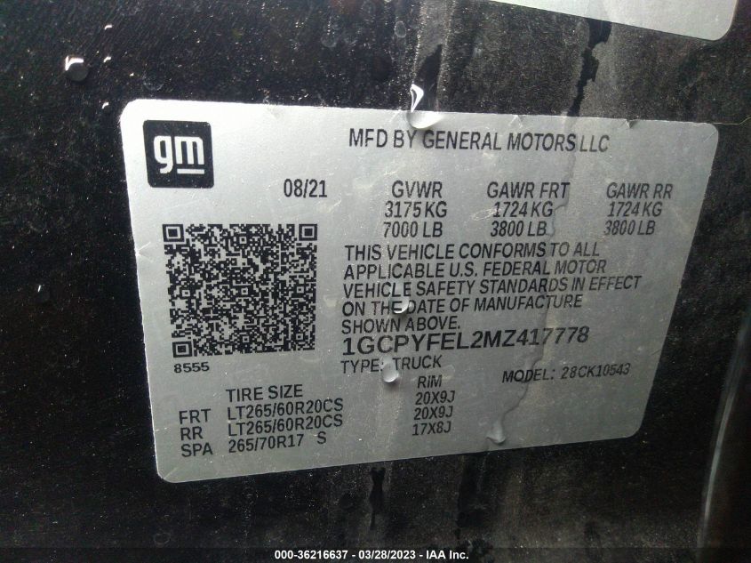 2021 CHEVROLET SILVERADO 1500 LT TRAIL BOSS - 1GCPYFEL2MZ417778