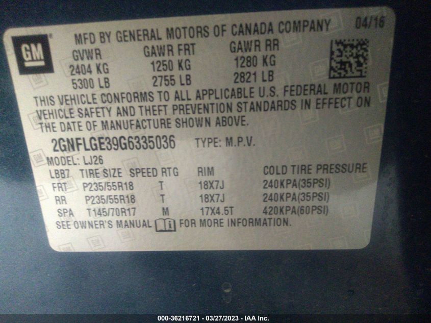2016 CHEVROLET EQUINOX LTZ - 2GNFLGE39G6335036