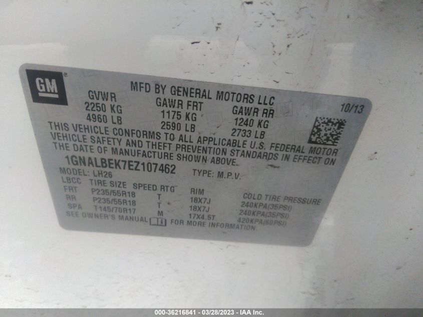 2014 CHEVROLET EQUINOX LT - 1GNALBEK7EZ107462