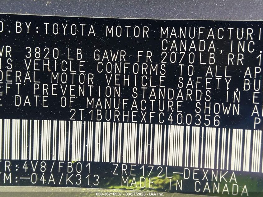 2015 TOYOTA COROLLA L/LE/S/S PLUS/LE PLUS - 2T1BURHEXFC400356