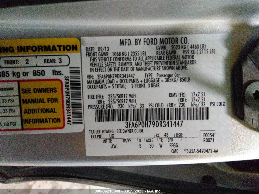 2013 FORD FUSION SE - 3FA6P0H79DR341447