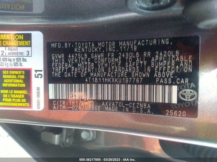 2019 TOYOTA CAMRY LE/SE/XLE/L - 4T1B11HKXKU197767