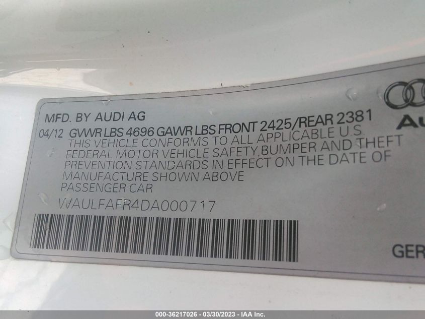 2013 AUDI A5 PREMIUM PLUS - WAULFAFR4DA000717