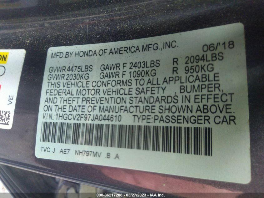 2018 HONDA ACCORD SEDAN TOURING 2.0T - 1HGCV2F97JA044610