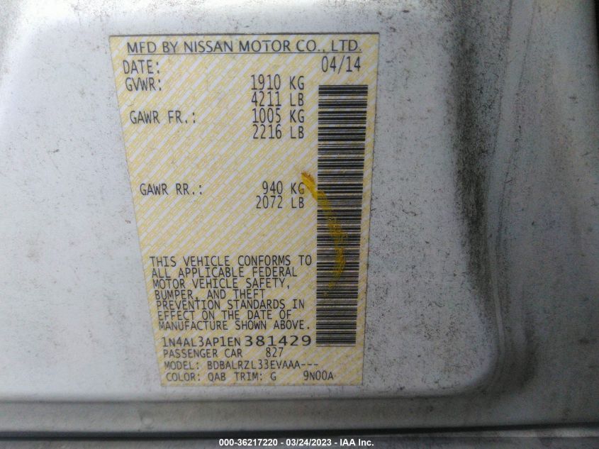 2014 NISSAN ALTIMA 2.5 - 1N4AL3AP1EN381429