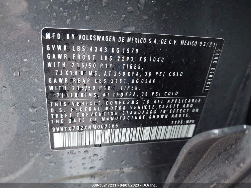 2022 VOLKSWAGEN TAOS SE - 3VVTX7B2XNM002165
