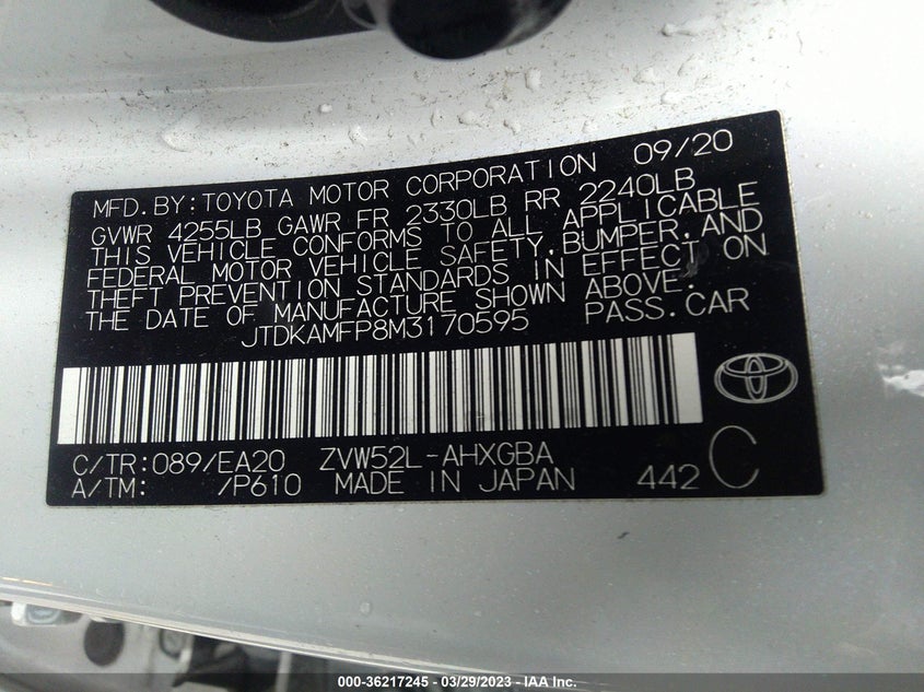 VIN JTDKAMFP8M3170595 2021 TOYOTA PRIUS PRIME LE/XLE/LIMITED