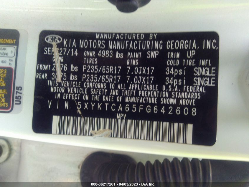 2015 KIA SORENTO LX - 5XYKTCA65FG642608