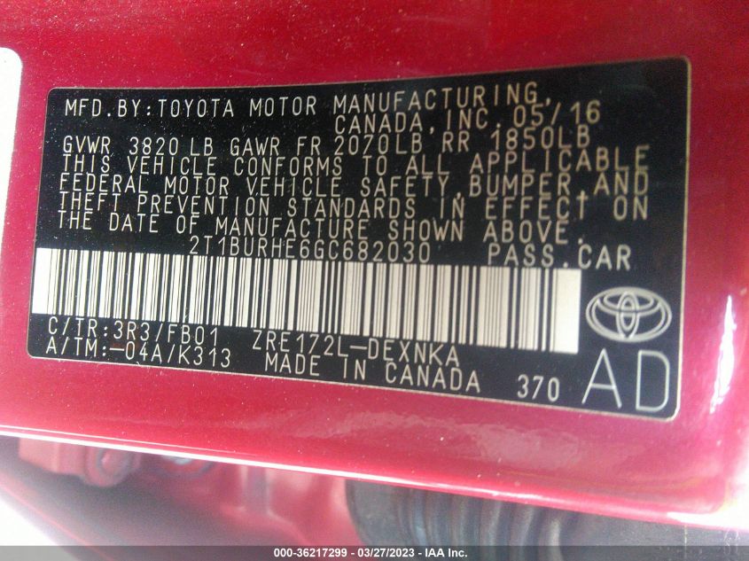 2016 TOYOTA COROLLA L/LE/S/S PLUS/LE PLUS - 2T1BURHE6GC682030