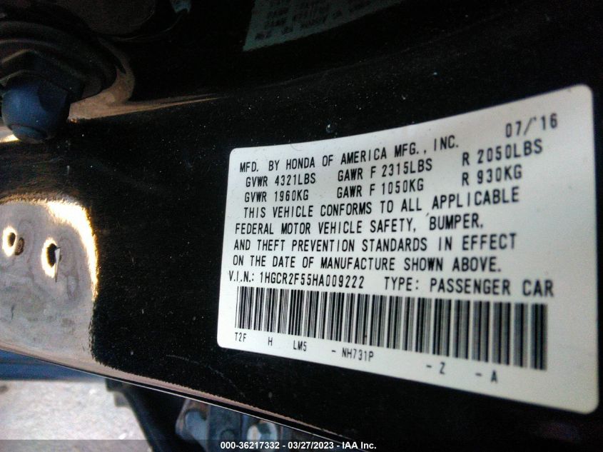 2017 HONDA ACCORD SEDAN SPORT - 1HGCR2F55HA009222