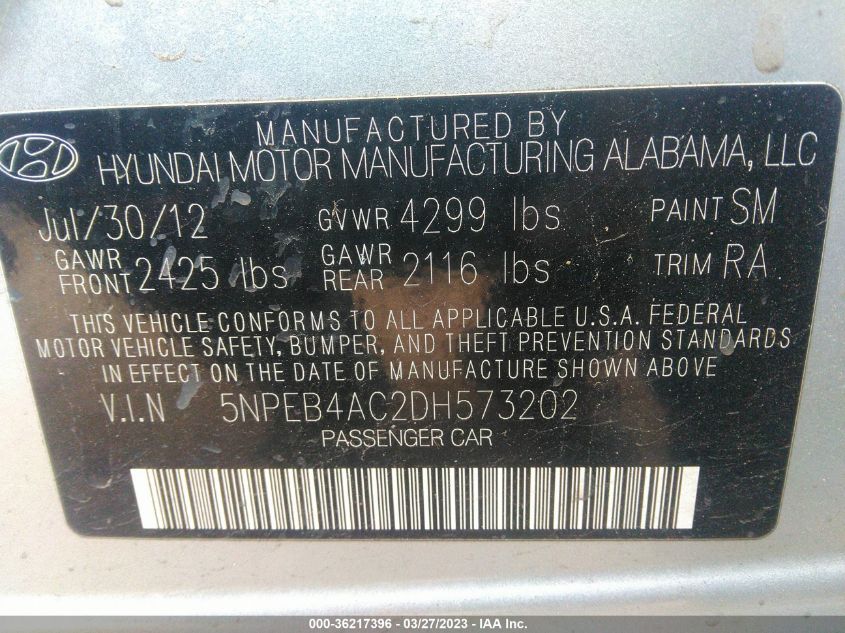2013 HYUNDAI SONATA GLS - 5NPEB4AC2DH573202