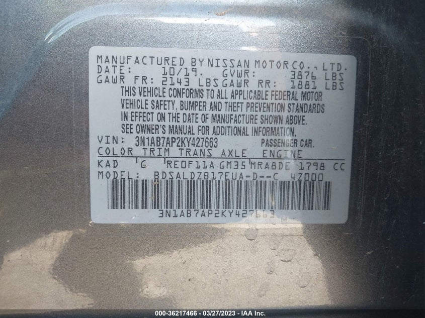 VIN 3N1AB7AP2KY427663 2019 NISSAN SENTRA SV