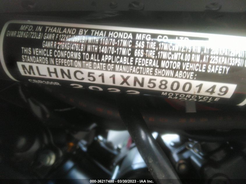 2022 HONDA CBR300 R MLHNC511XN5800149