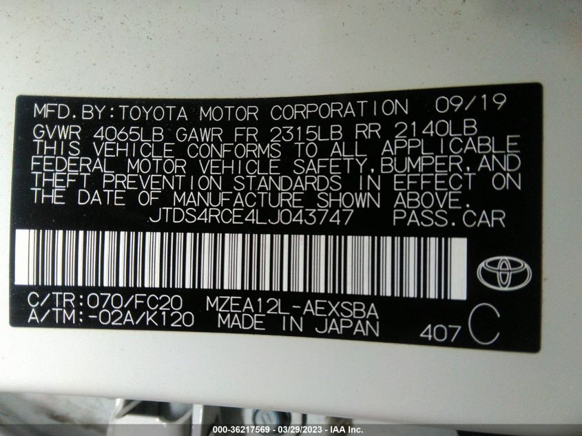 2020 TOYOTA COROLLA SE/NIGHTSHADE - JTDS4RCE4LJ043747