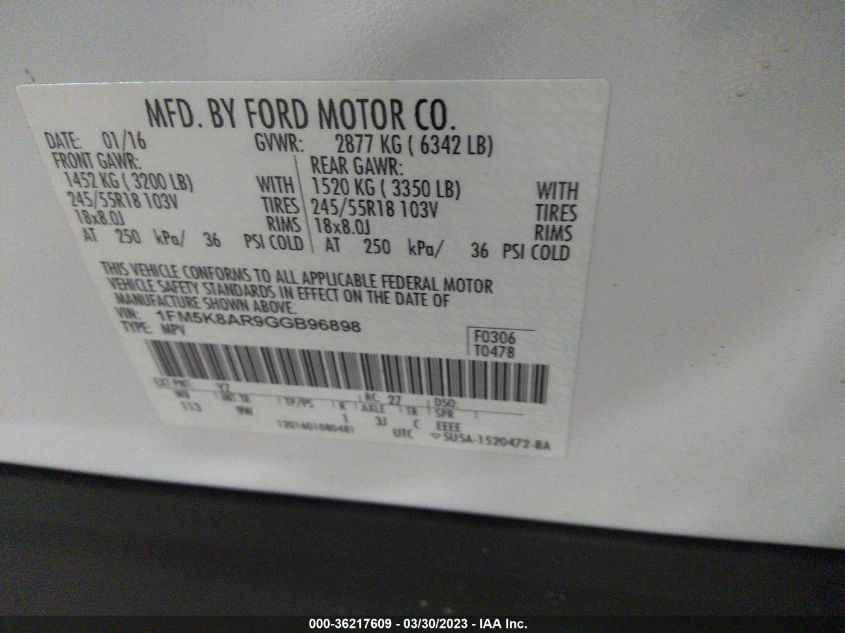 2016 FORD UTILITY POLICE 1FM5K8AR9GGB96898