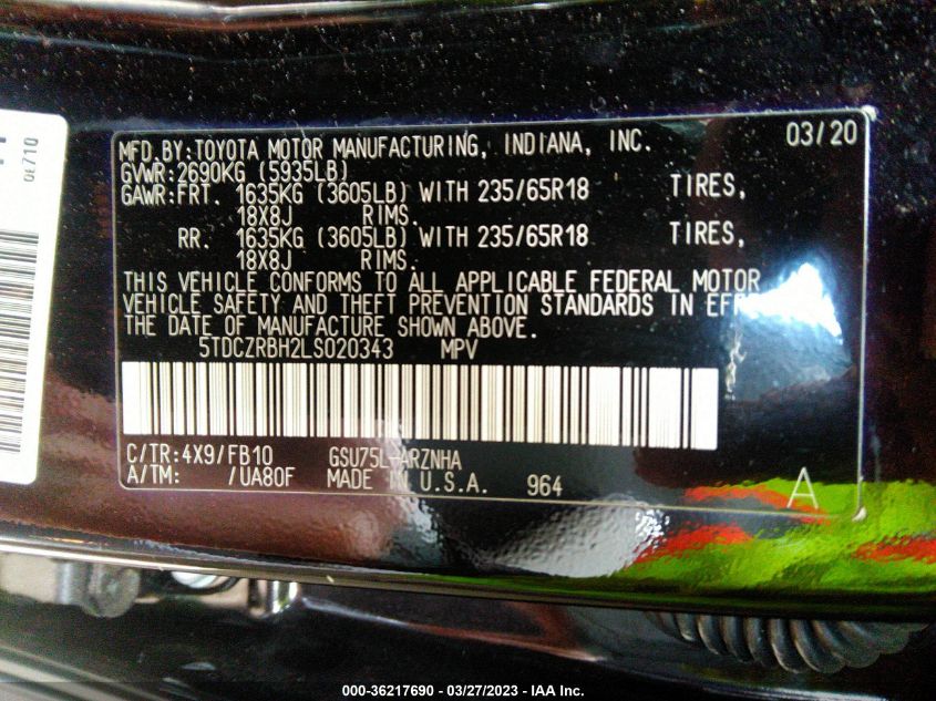 2020 TOYOTA HIGHLANDER L - 5TDCZRBH2LS020343