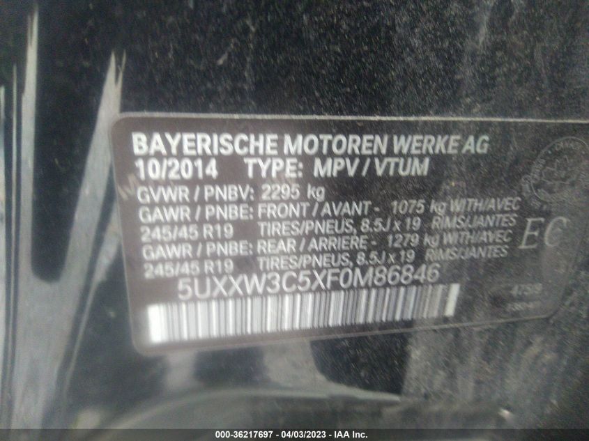 2015 BMW X4 XDRIVE28I - 5UXXW3C5XF0M86846