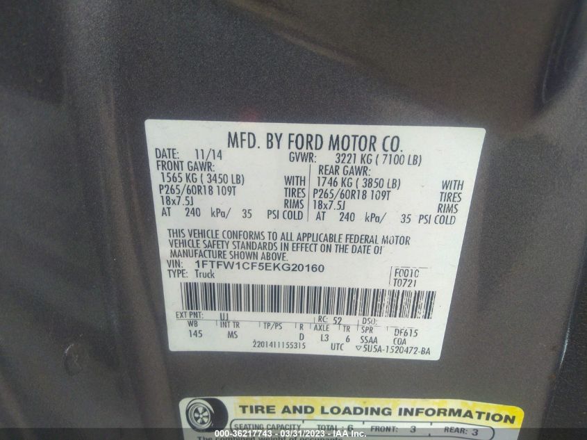 2014 FORD F-150 XL/STX/XLT/FX2/LARIAT - 1FTFW1CF5EKG20160