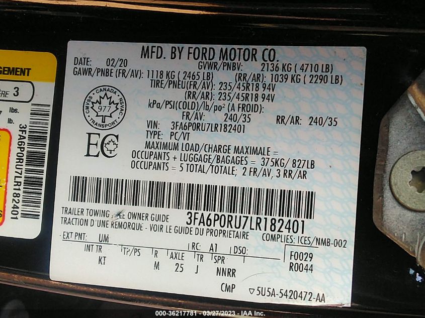 2020 FORD FUSION HYBRID TITANIUM - 3FA6P0RU7LR182401