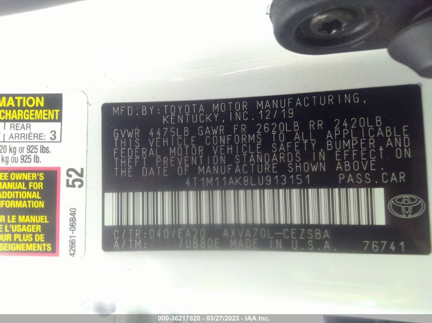 2020 TOYOTA CAMRY SE - 4T1M11AK8LU913151