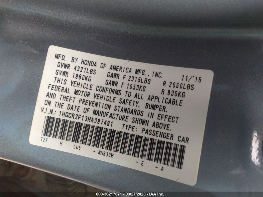 2017 HONDA ACCORD SEDAN SPORT SE - 1HGCR2F13HA097491